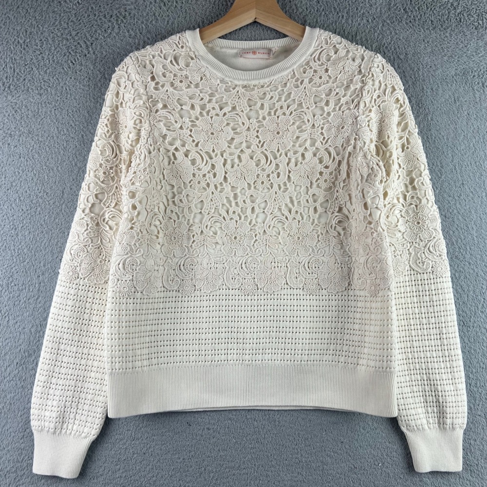 Tory Burch Ivory Floral Lace Knit Sweater Crew Neck Cotton Womens S